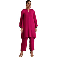 Modestouze Attires Women's Knee Length Oversized V Neck Cuffed Sleeves Kurti And Pant Set (Rani) (MAK91)