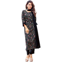 Sanisa Women's Crepe Printed Straight Kurta with Pant and Fabric Lace Work Dupatta (100KBD1095NZ-XXL_Black & Multi)