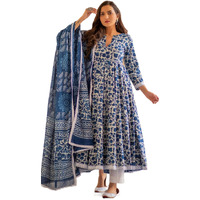 ANNI DESIGNER Women's Rayon Blend Anarkali Printed Kurta with Pant & Dupatta (YUTIKA Blue_M_Blue_Medium)