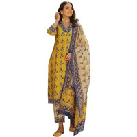 ANNI DESIGNER Women's Cotton Blend Straight Printed Kurta with Pant & Dupatta (Uchiha Mustard_XL_Mustard_X-Large)