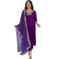 Naixa Women's Wine Viscose Embroidered Flared Kurta with Viscose Pant and Silk Blend Printed Dupatta Sets (NX-457-Wine-Parent-XL)