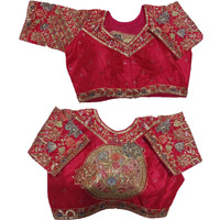 Pujia Mills Women's Readymade Ethnic Wear Golden Codding with Multi Embroidery Sequence Work Sweetheart Neck Half Sleeve Readymade Bridal Pink Saree Blouse Readymade Net Cutwork Blouse for Lehenga
