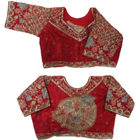 Pujia Mills Women's Readymade Ethnic Wear Golden Codding with Multi Embroidery Sequence Work Sweetheart Neck Half Sleeve Readymade Bridal Red Saree Blouse Readymade Net Cutwork Blouse for Lehenga