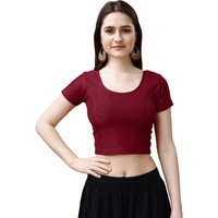 Pujia Mills Women's Readymade Dobby Cotton Lycra Stretchable Round Neck Short Sleeve Blouse Fancy Maroon Color Lycra Stretchable Blouse for Women Stylish Readymade Saree Blouse