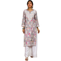 House of Chikankari Women's Cotton Straight Kurta (SE028_Grey & Pink