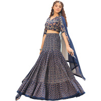 Janasya Women's Dark Blue Pure Cotton Ethnic Motifs Printed Tiered Ready To Wear Lehenga Choli Set (JAB24LC00739-A-XXL)