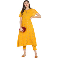 Janasya Women's Mustard Poly Crepe A-Line Kurta with Pant(Mustard_XXX-Large)