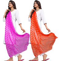 KEMZA Women's Chiffon Printed Leheriya Dupatta Combo For Women (Light Pink-Orange)