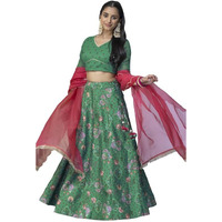Janasya Women's Green Crepe Silk Digital Floral Printed Lehenga Choli With Dupatta(SET814-LCD-XS)