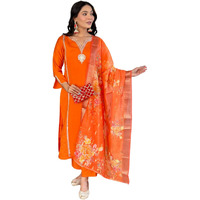 Naixa Women's Orange Chanderi Viscose with Full Inner Embroidered Straight Kurta with Chanderi Viscose with Full Inner Pant and Jacquard Silk Jacquard Dupatta Sets (NX-611-Orange-XXL)