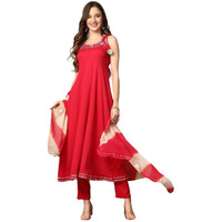 Stylum Women's Solid & Embroidered Poly Crepe A-Line Kurta Dupatta Set (KDRANIHASSAL36_Pink, S)