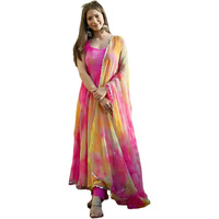 Anveri Textiles Women's Pink Georgette Sleeveless V Neck Printed Fit-Flared Kurta with Dupatta | Wedding Sleeveless Gown Dresses (173_Priya_Pink_2XL)