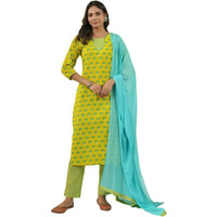 Janasya Women's Yellow Cotton Ethnic Motifs Regular Kurta Set(SET905-KR-NP-S)