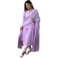 GoSriKi Women's Cotton Blend Straight Printed Kurta with Pant & Dupatta (Baiyaan Purple_M-GS_Purple_Medium)