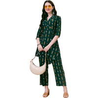 Adina Claim Comfort Womens Green Printed Kurta and Pant Set with Wrap Around Aline Pattern - Casual Coord Set for Women - M