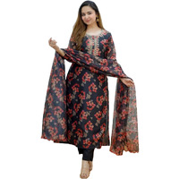 GoSriKi Women's Cotton Blend Printed Straight Kurta with Pant & Dupatta (Muni Navy Blue-GS_S_Navy Blue_Small)