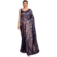 Satrani Women's Silk Banarasi Jacquard Saree with Unstitched Blouse Piece (3857S223N_Dark Navy Blue)