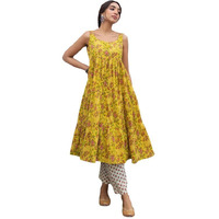 Janasya Women's Mustard Cotton Floral Gathered Kurta Set (JAA24ST00262-L)