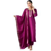 Naixa Women's Wine Chanderi Viscose Embroidered Straight Kurta with Chanderi Viscose Pant and Cotton Laced Dupatta Sets (NX-S-Emily-Wine-M)