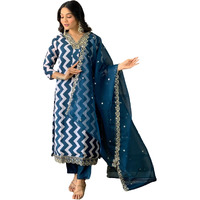 Naixa Women's Petrol French Crepe with Cotton Lining Embroidered and Printed Straight Kurta with Rayon Pant and Organza Embroidered Dupatta Sets (NX-541-Petrol-S)
