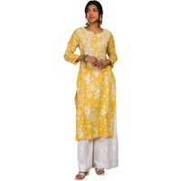 House of Chikankari Zainab Chikankari Mulmul Straight Kurta | XL Yellow