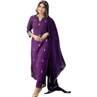 Naixa Women's Wine Rayon Slub Embroidered Straight Kurta with Rayon Slub Pant and Chinon Laced Dupatta Sets (NX-SC-Jessica-Wine-S)