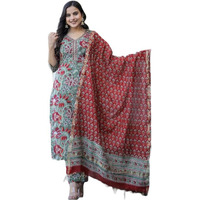 KLOSIA Women Printed Kurta and Pant Set with Dupatta (Large) Green