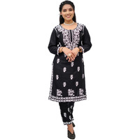 BHARVITA Women's cotton Embroidered Chikankari Straight Kurta With Pant Set (3XL, Black)