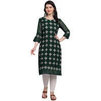 Ekasya Women's Georgette Straight Cut Sweetheart Round Neck Kurta with Beautiful Lucknowi Chickenkari Embroidery Work (E1606) Dark Green