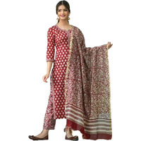 BHARVITA Women Viscose Printed Kurti Pant and Dupatta Set (2XL, Maroon)
