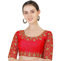 Pujia Mills Women's Silk Embroidery Half Sleeve Readymade Blouse (Madhubala Blouse_Red_36)