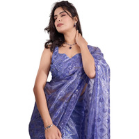 EKASYA Women Soft Twill Net Dark Blue Geometric Pattern Embroidery Work Saree With Unstitched Blouse (E6270_6)