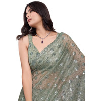 EKASYA Women Soft Twill Net Olive Green Geometric Pattern Embroidery Work Saree With Unstitched Blouse (E6270_3)