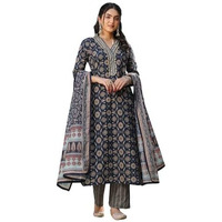 NAINVISH Women's Viscose Rayon Printed Straight V-Neck Kurta Pant with Dupatta (SD714_KBD-L_Blue)
