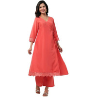Janasya Women's Peach Muslin Self Design Angrakha Kurta Set(JAA24ST00134-XS)