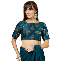 OOMPH! Women's Indian Ethnic Wear Designer Big Paisley Pattern Zari Work Boat Neck Half Sleeve Teal Blue Color Brocade Readymade Blouse for Saree or Lehnga and Fusion Twist. XL