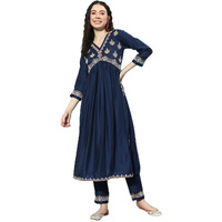 SheWill Women's Navy Blue Embroidered V-Neck Cotton Blend Flared Hem Alia Cut Kurta with Trousers | Navratri Kurta Set