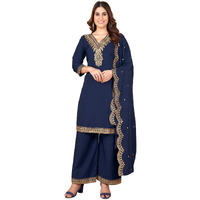 Granthva Fab Kurta Set for Women Silk Embroidered Straight Kurta Set for Women with Palazzos and Dupatta (GF-6171-M_Blue)