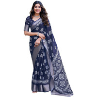Satrani Women's Cotton Blend Printed Weaving Border Saree with Unstitched Blouse Piece (4029S171N_Navy Blue)