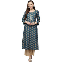 Stylum Women's Gold Printed Rayon Straight Kurta (TORUTEAL36_Teal Blue, S)