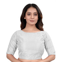 Vihu Fashion Women's Slub Silk Boat Neck with Elbow Length Sleeve Plain Fancy Blouse(Slub White_M)