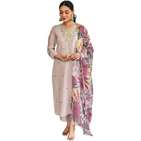 Naixa Women's Beige Chanderi with Cotton Lining Embroidered Straight Kurta with Chanderi Pant and Taby Printed Dupatta Sets (NX-570-Beige-3XL)
