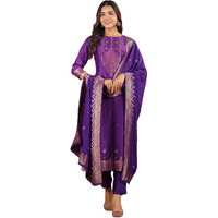 Janasya Women's Purple Silk Blend Jacquard Paithani Style Straight Kurta Set (JAC24ST01708-S)