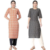 Pinkmint Kurta Set for Women ll Printed Kurti & Pant Set ll Regular Kurta Set ll (Pack of 2) Orange-Black