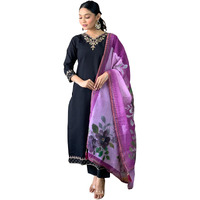 Naixa Women's Black Viscose Silk Embroidered Straight Kurta with Viscose Silk Pant and Organza Printed Dupatta Sets (NX-S-Zareen-Black-S)