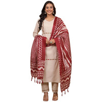 GoSriKi Women's Cotton Blend Straight Embroidered Kurta with Pant & Dupatta (DD Beige-GS_S_Beige_Small)