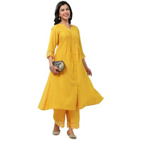 Janasya Women's Yellow Muslin Solid Pleated A-Line Kurta Set (JAA24ST00132-XS)