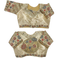 Pujia Mills Women's Readymade Ethnic Wear Golden Codding with Multi Embroidery Sequence Work Sweetheart Neck Half Sleeve Readymade Bridal Cream Saree Blouse Readymade Net Cutwork Blouse for Lehenga