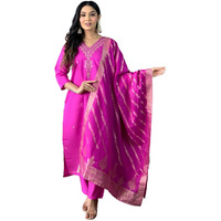 Naixa Women's Gajri Viscose Silk Embroidered Straight Kurta with Viscose Silk Pant and Vichitra Silk Jacquard Dupatta Sets (NX-S-JENA-Gajri-S)