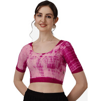 Sft Round Neck Nylon Lycra Stretchable Elbow Sleeves Readymade Saree Blouse for Women Stylish (Shibori